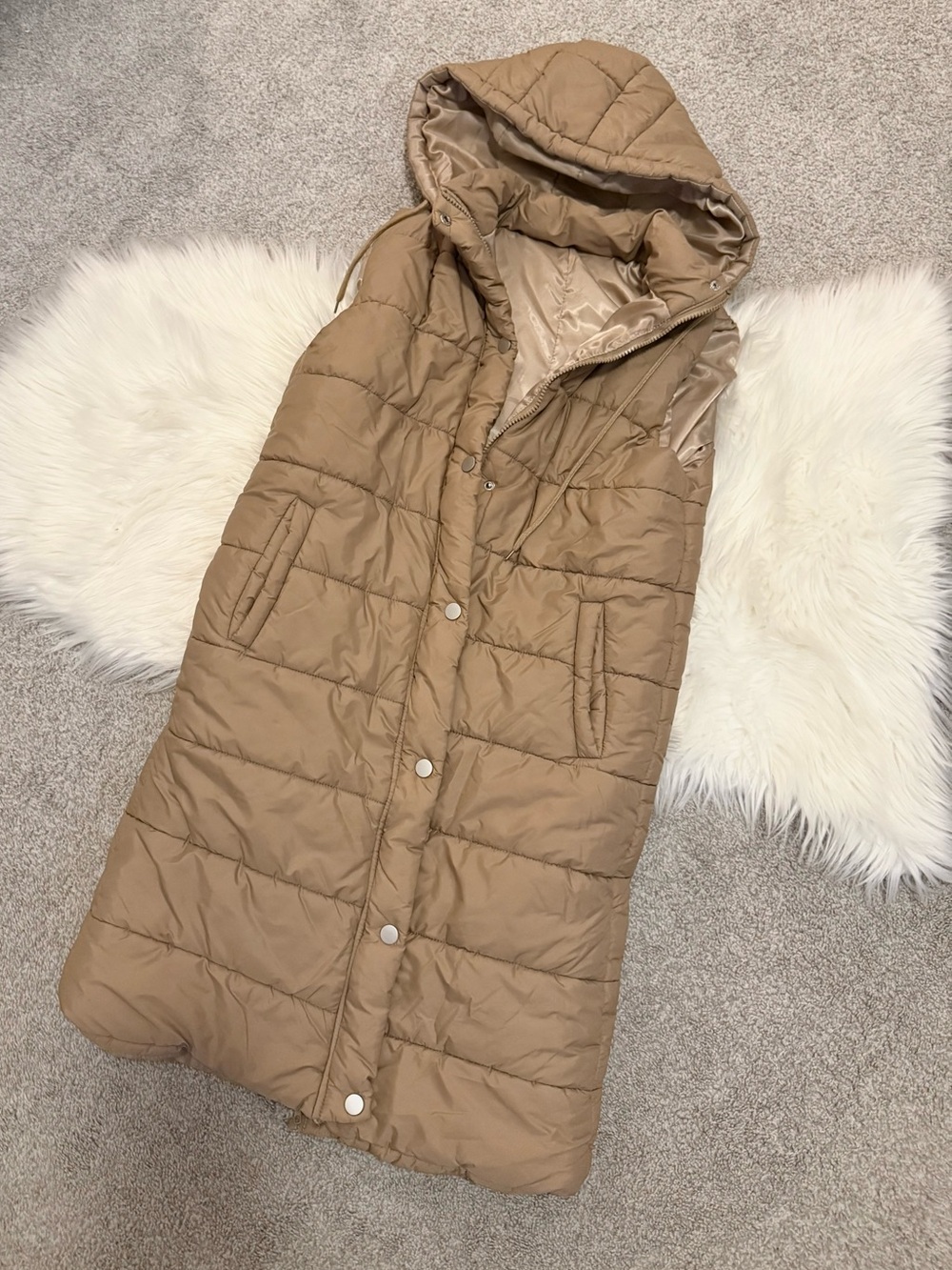 Long Quilted Puffer Vest in Camel
